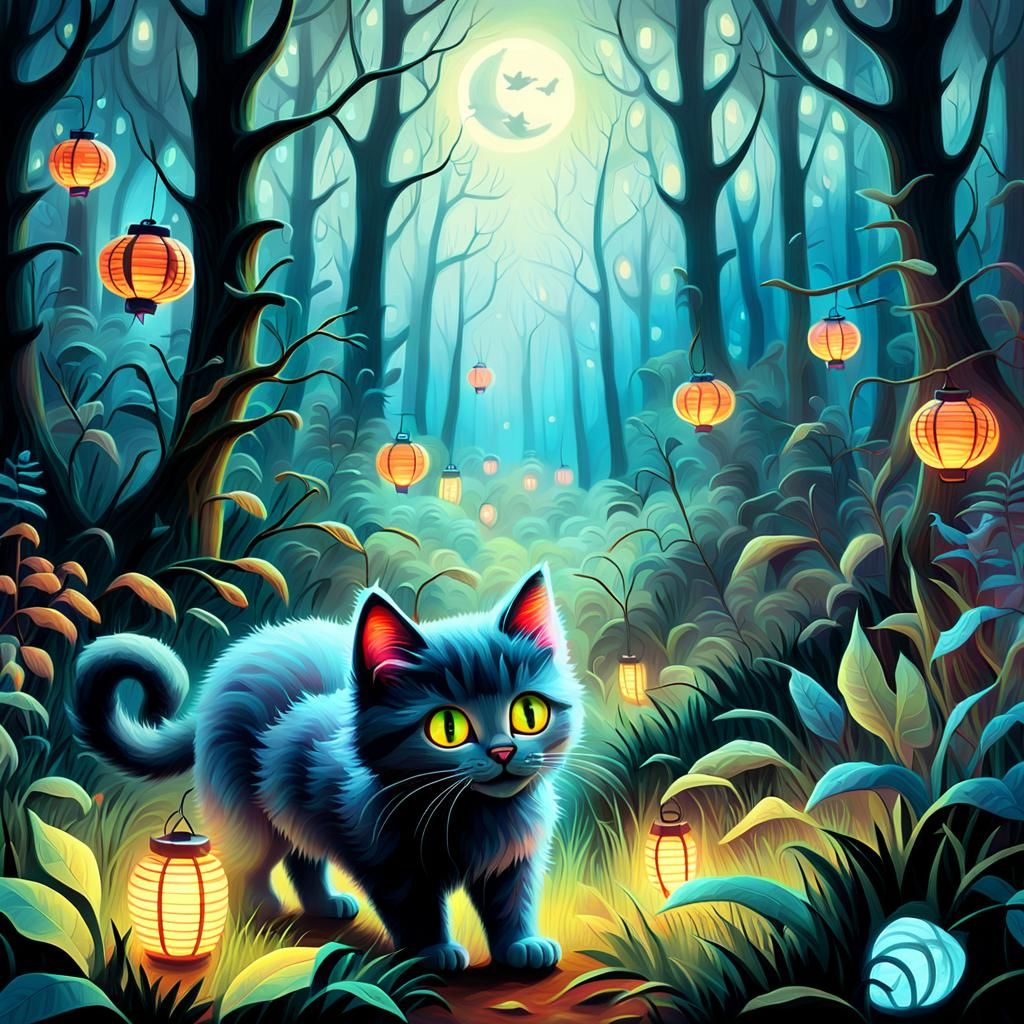 Kitten Ghosts Roaming Forest in Oil Painting Style