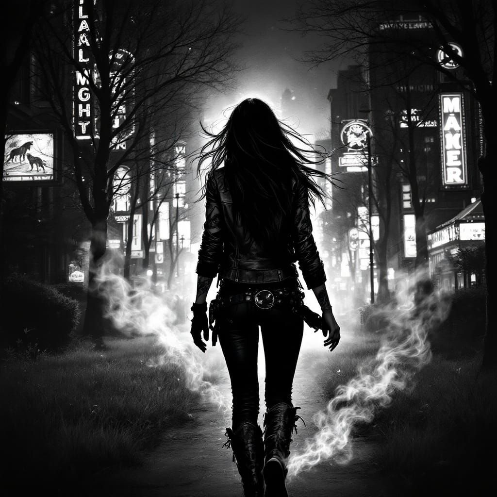 Urban Cowgirl in City Park at Night