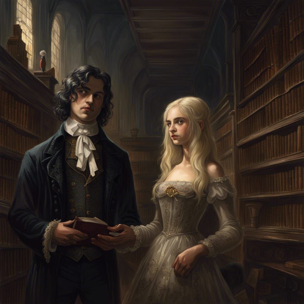 Evening Library Encounter in Horror Style