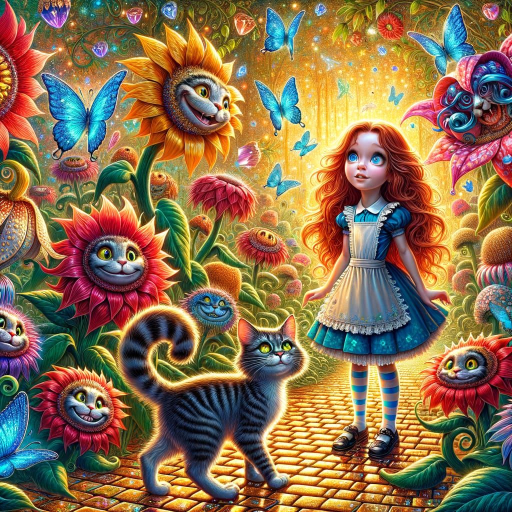 Whimsical Wonderland Girl and Cat Amidst Vibrant Flowers