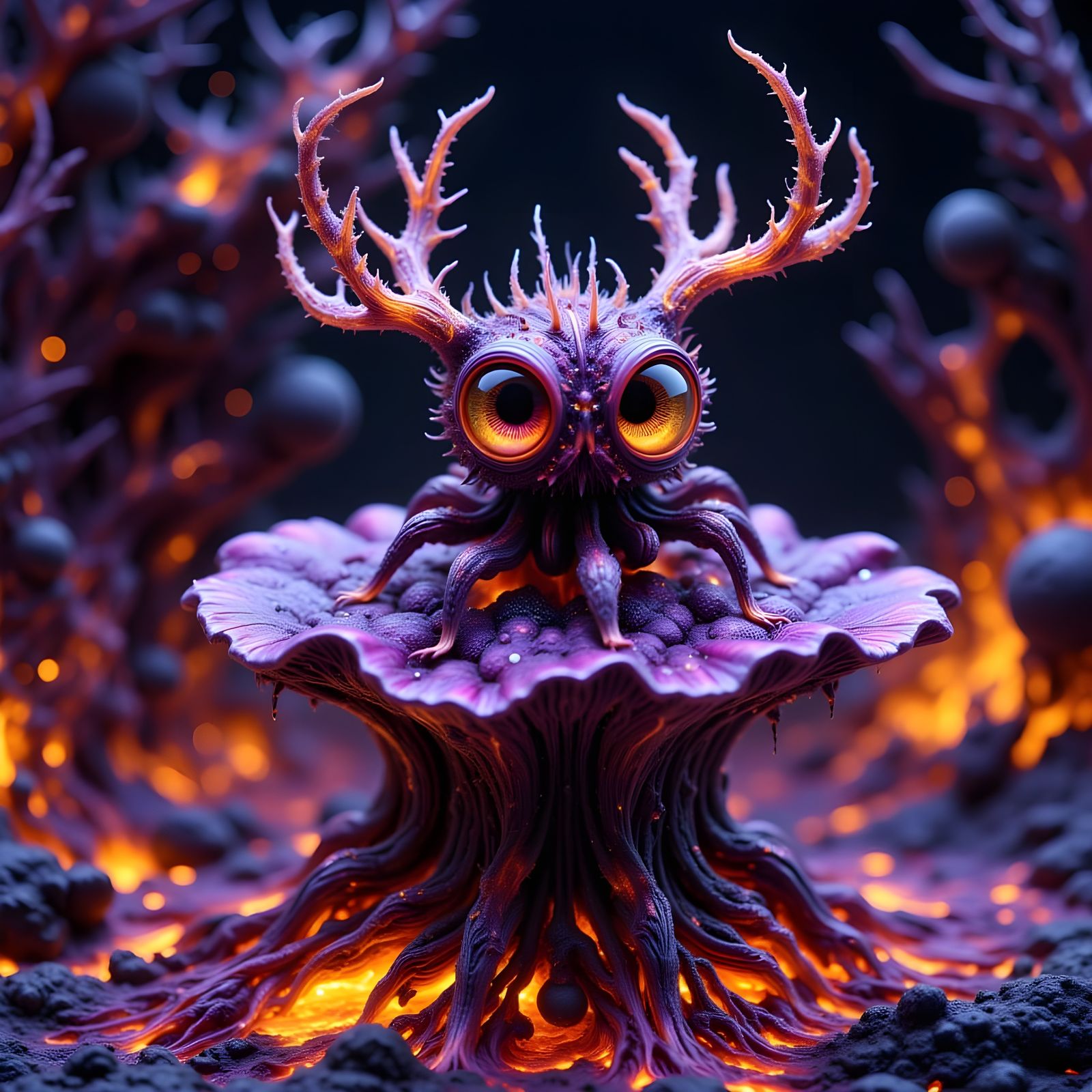 Microscopic Eye Creature on Mushroom with Spines