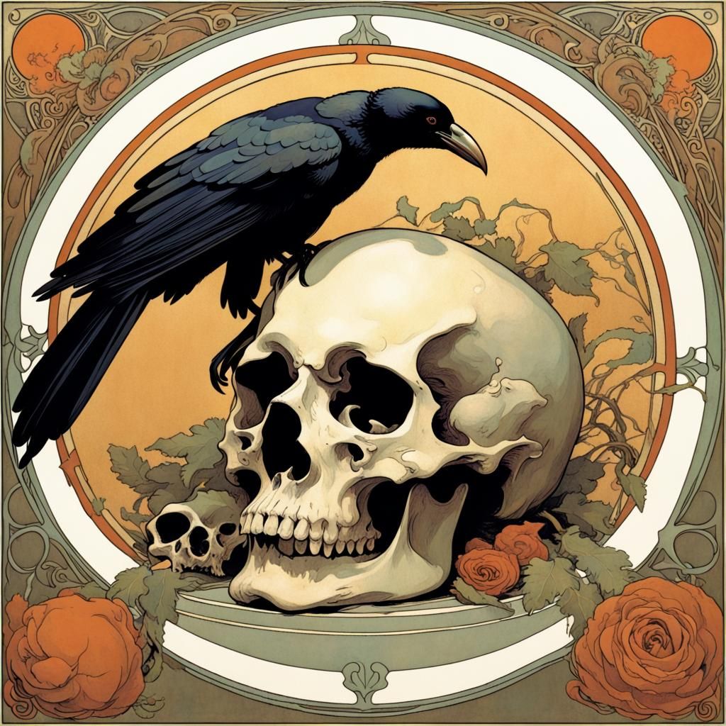 Crow and Skull in Art Nouveau Style