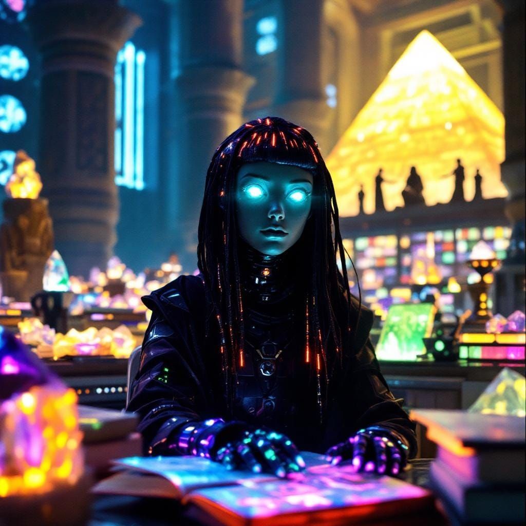 Android Librarian in Futuristic Crystal Library