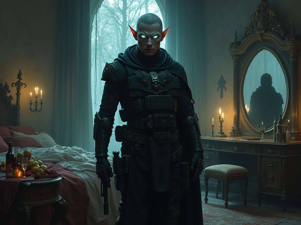 Elf Warrior in Tactical Gear Illuminated by Moonlight