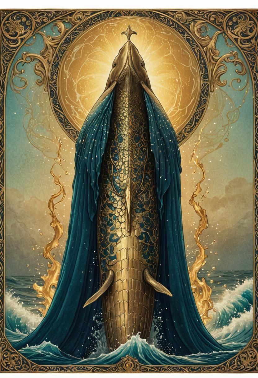 Golden Whale Tarot Card in Medieval Style