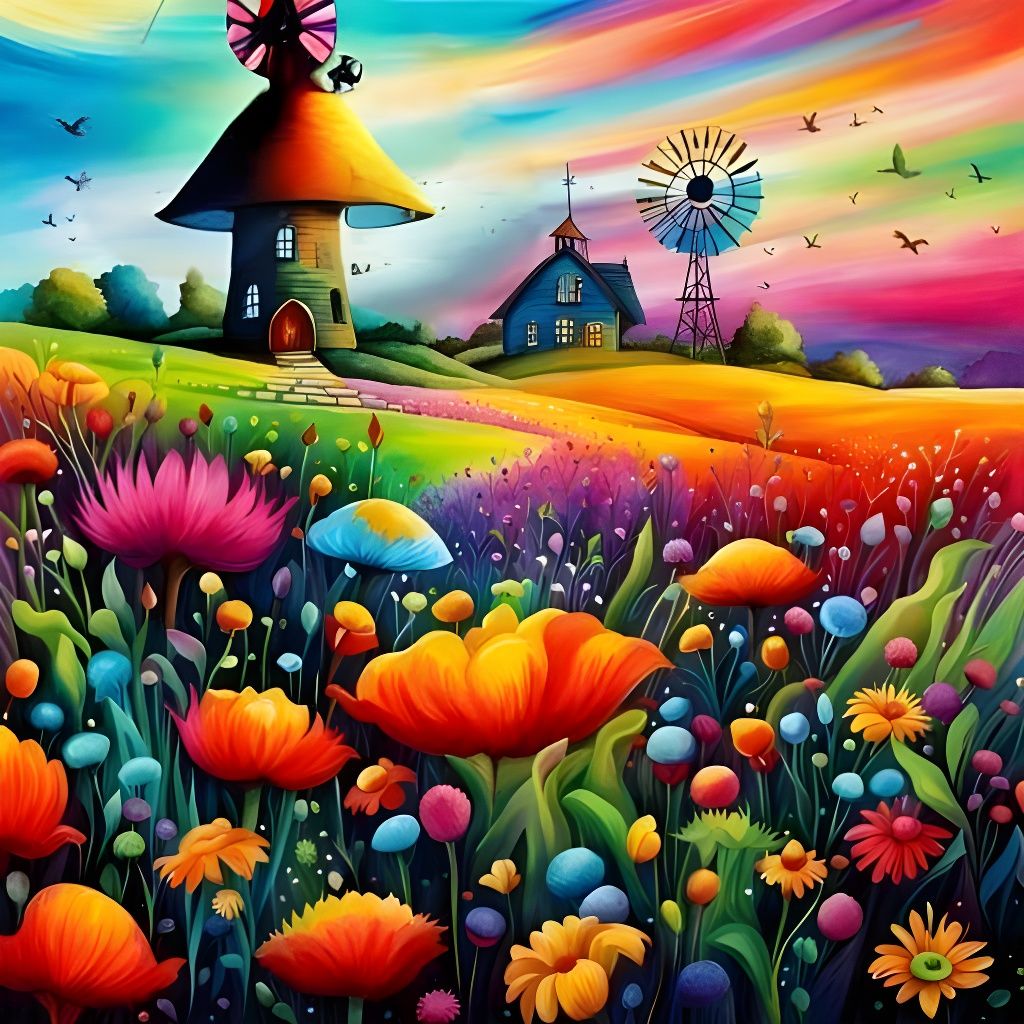 Whimsical Monsters and Elves with Windmill, Watercolor Art