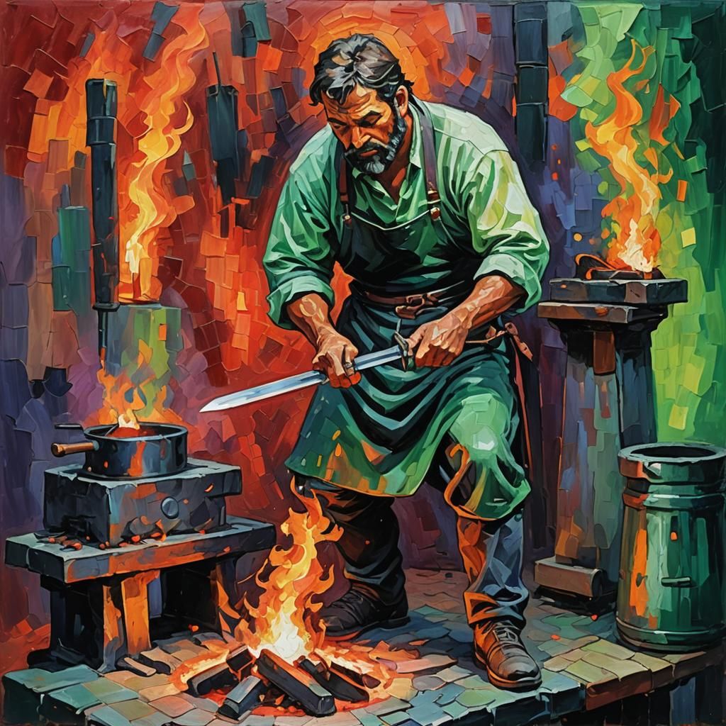 Blacksmith and Sword in Neo-Impressionist Style