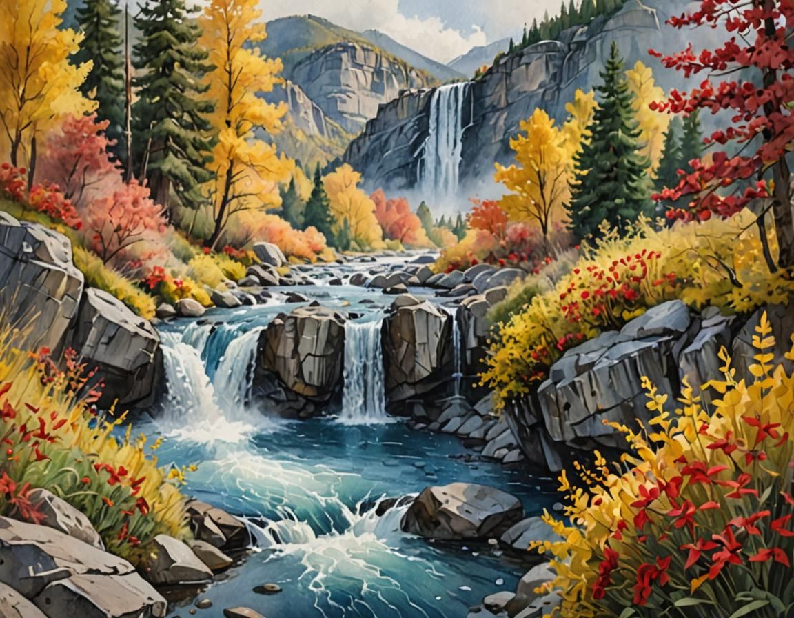 Autumn Watercolor Landscape with Wild Blue River and Foliage