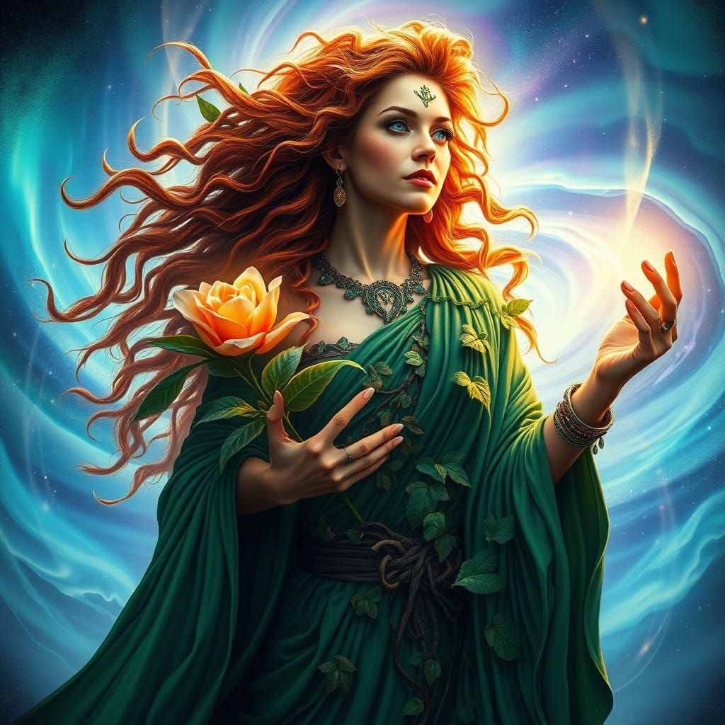 Majestic Mother Earth Goddess in Lush Verdant Robes Amidst S...