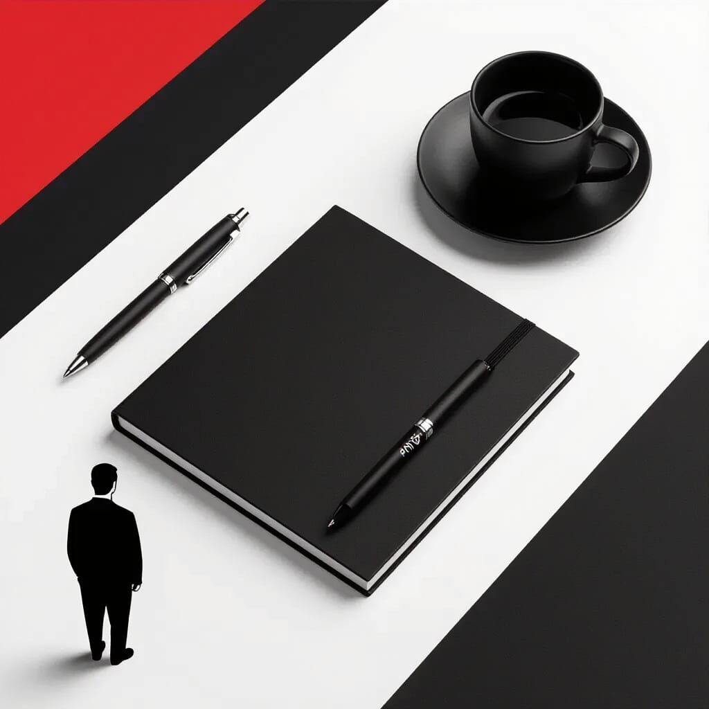 Minimalist Graphic Art of Black Notebook, Pen, and Sasha