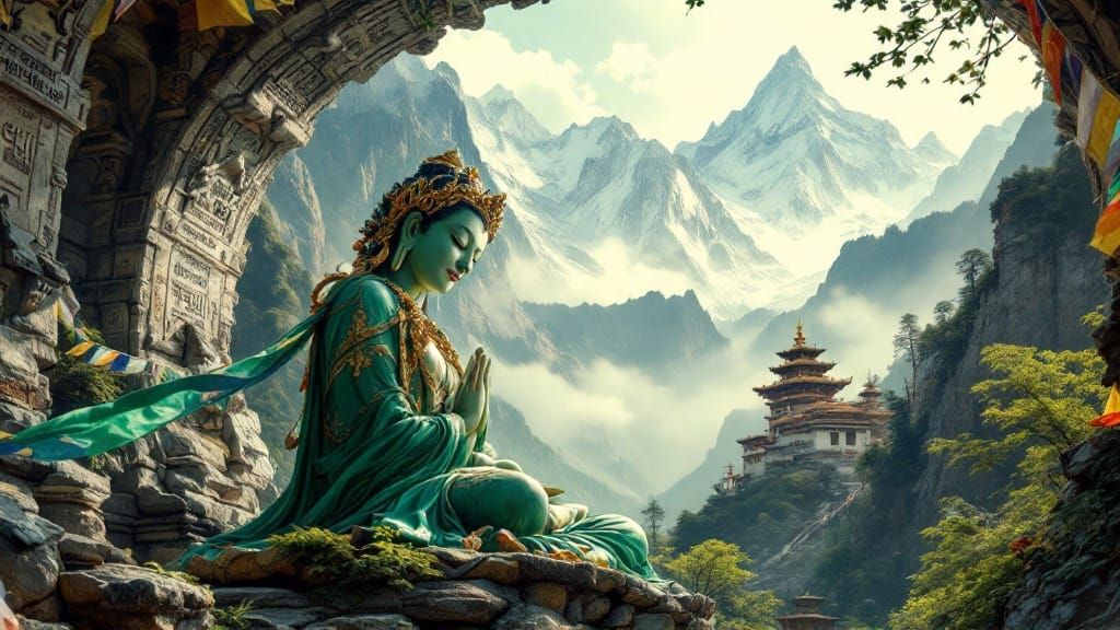 Green Tara Statue Meditating in Nepal Mountains