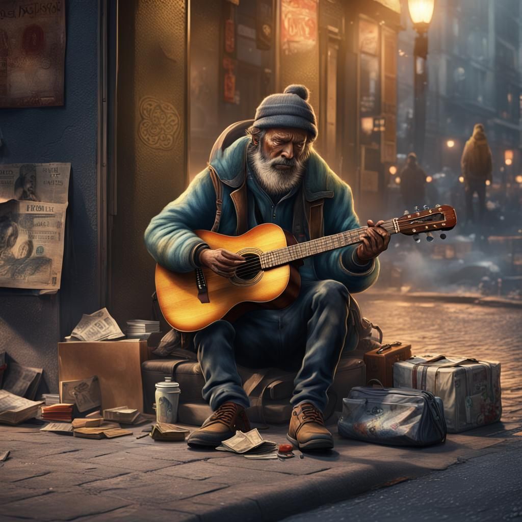 Homeless Man Playing Guitar: Detailed Matte Painting