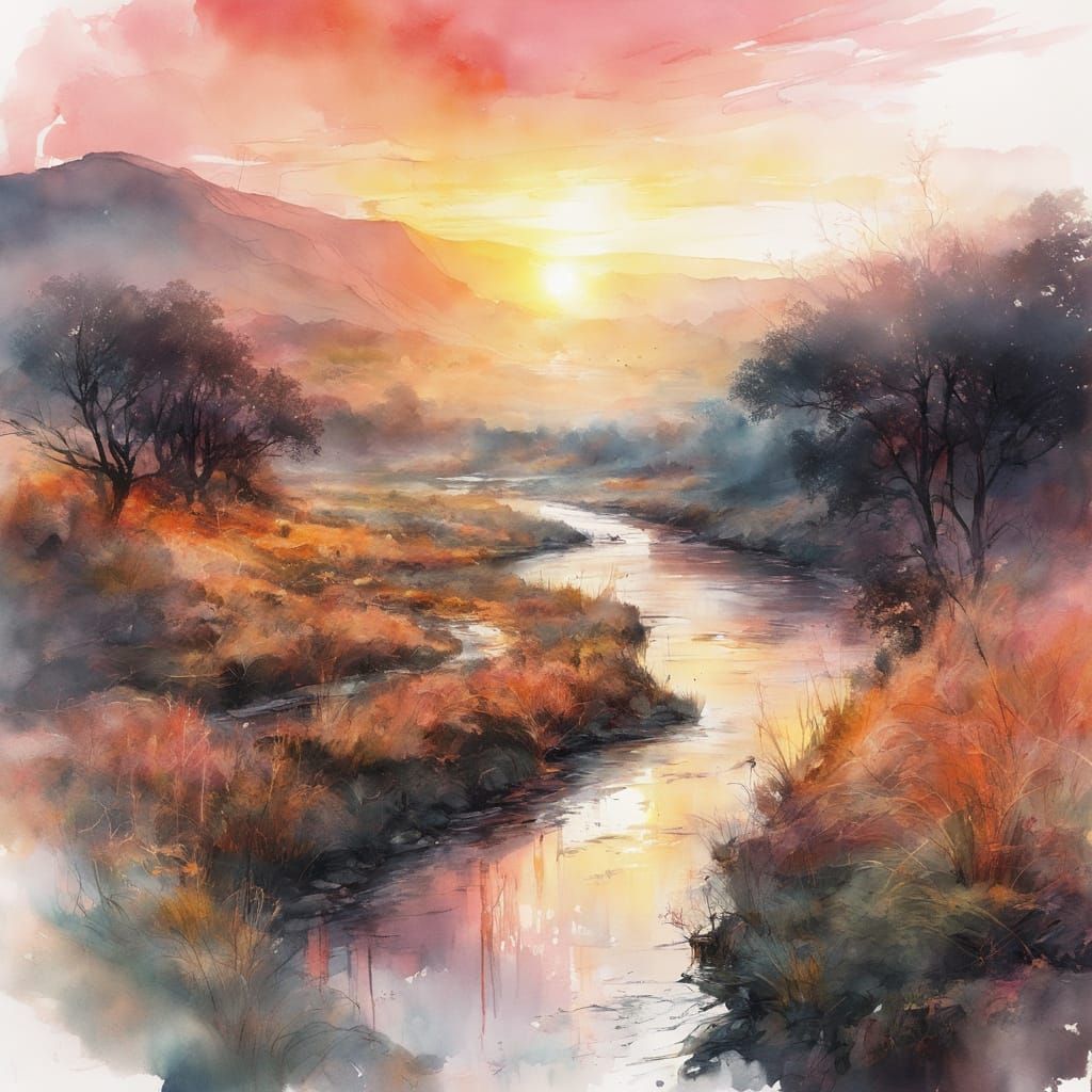 Sunrise over a Serene Watercolor Landscape