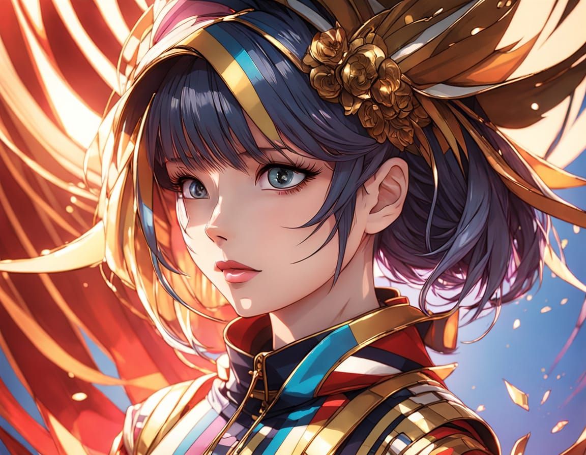 Vibrant Anime Woman in Striped Outfit with Intricate Pattern...