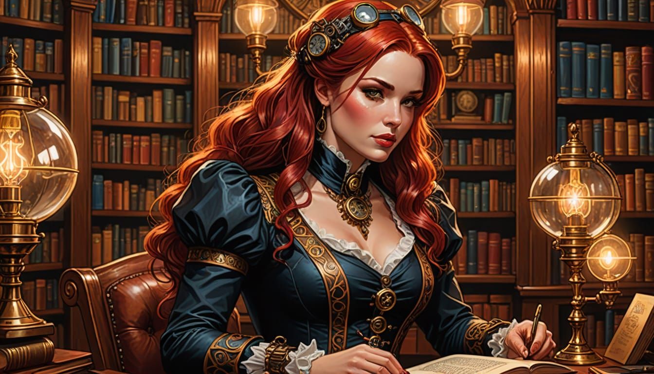 Steampunk Woman Reads in Library, Comic Book Art