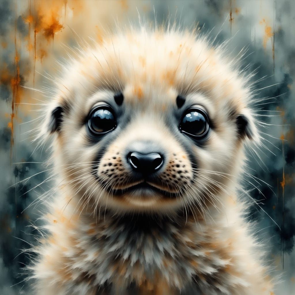 Whimsical Harp Seal Pup Portrait in Dreamy Watercolor Style