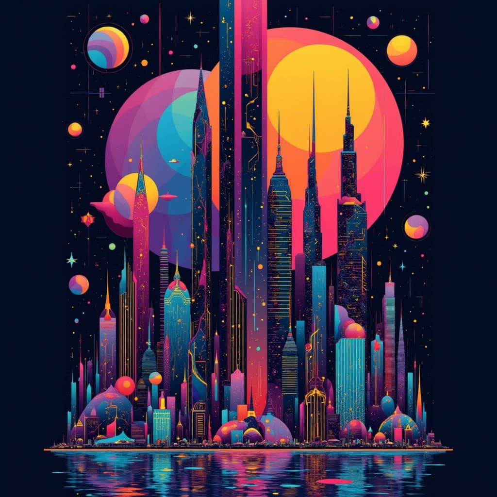 Futuristic Fractal Cityscape with Neon Lights