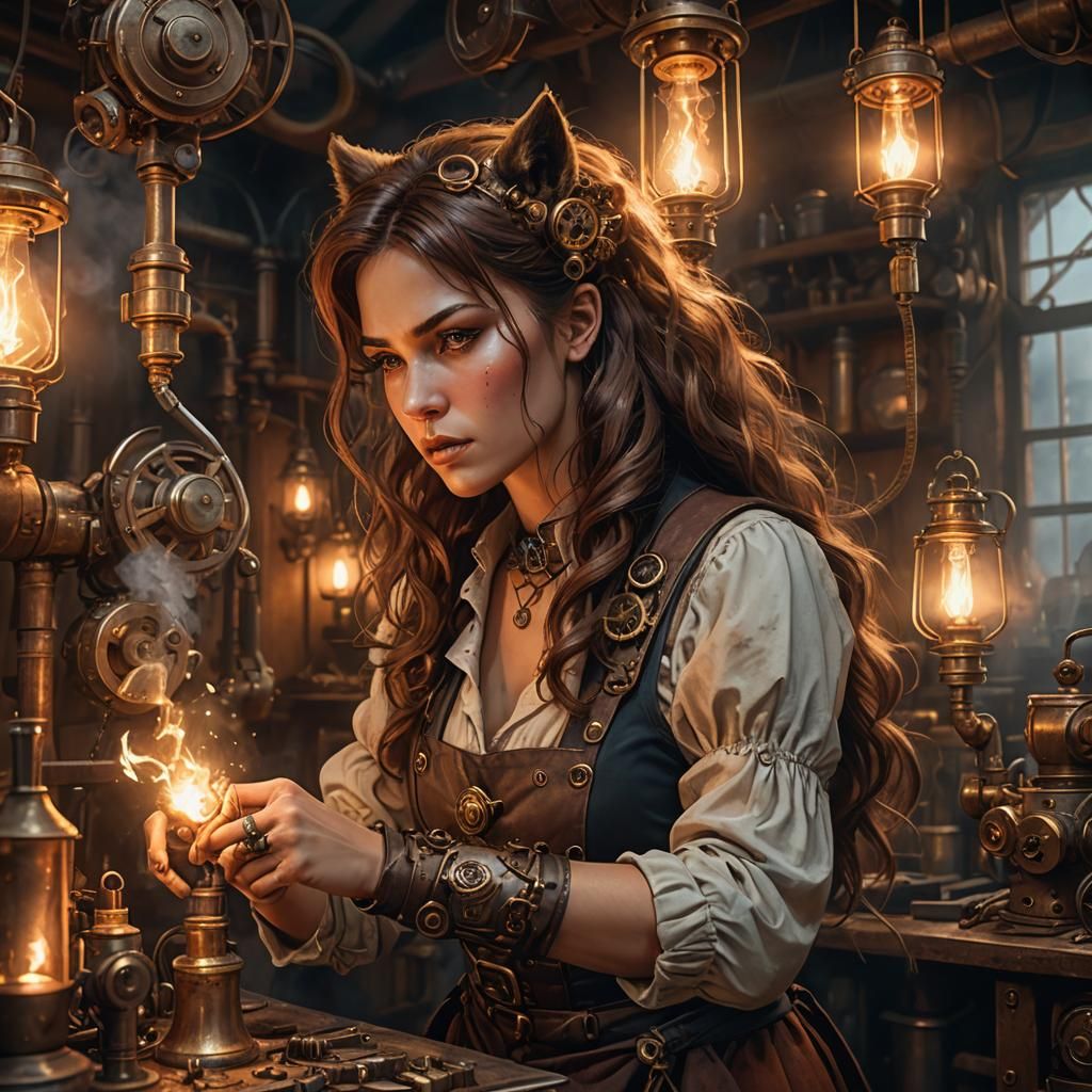 Steampunk Werewolf Crafts Fire in Workshop