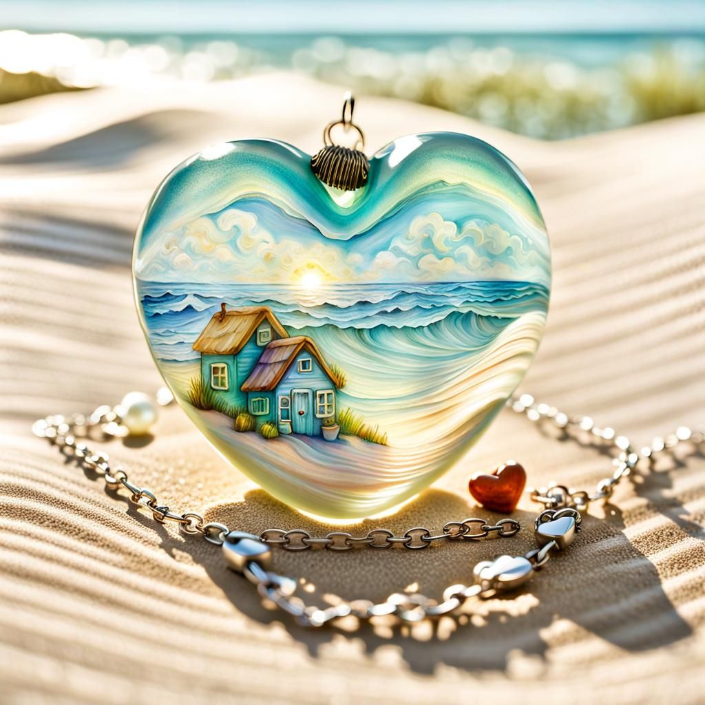 Glass Heart Pendant Washed Ashore: Pastel Illustration