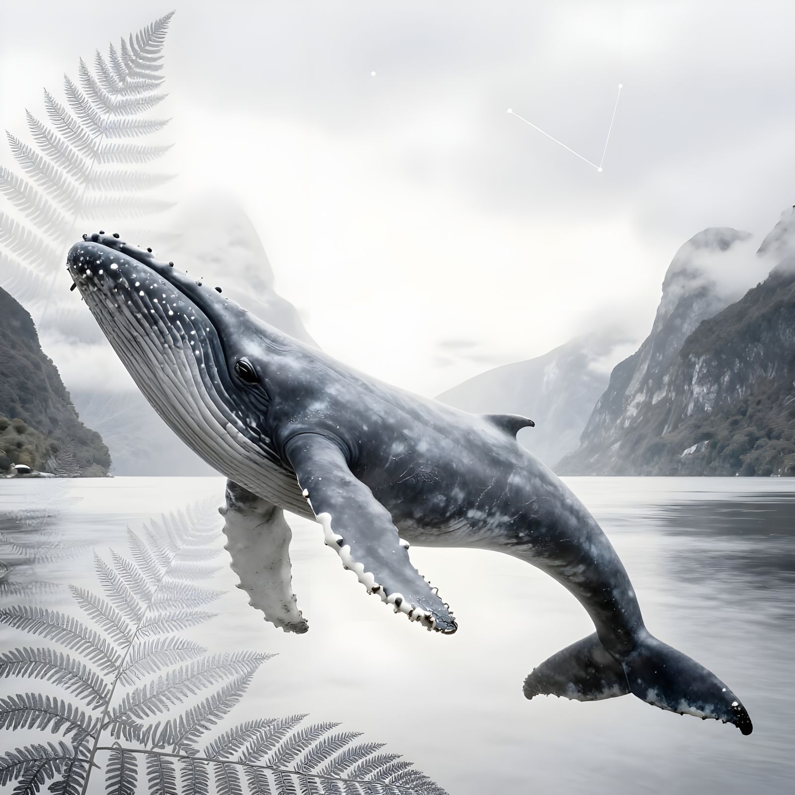 Whale Double Exposure with Ferns and Milford Sound
