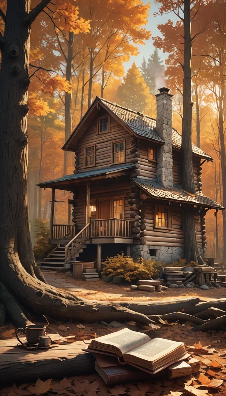 Autumn Cabin in Vibrant Anime Style