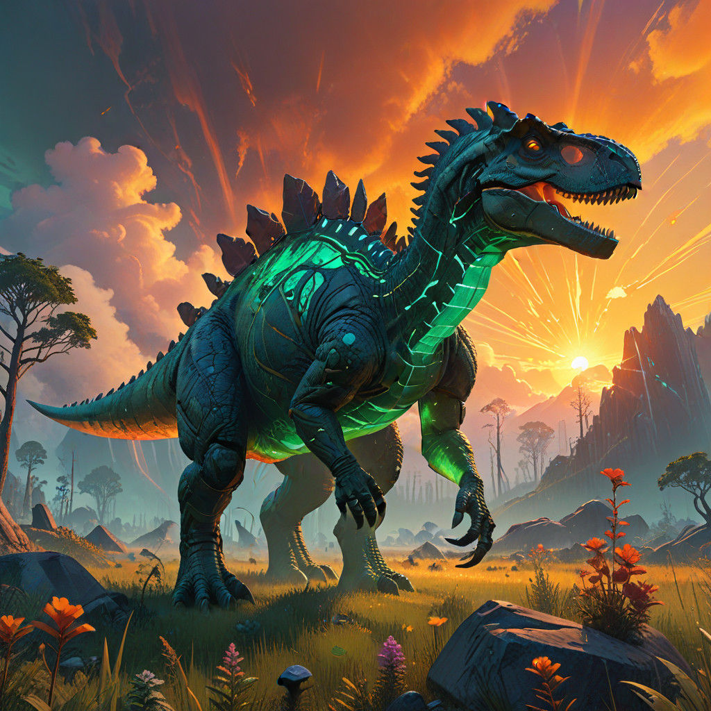 Surreal Gemstone Dinosaur in Vibrant Fantasy Landscape