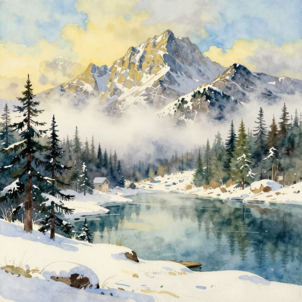 Misty Winter Mountains and Lake Watercolor Painting