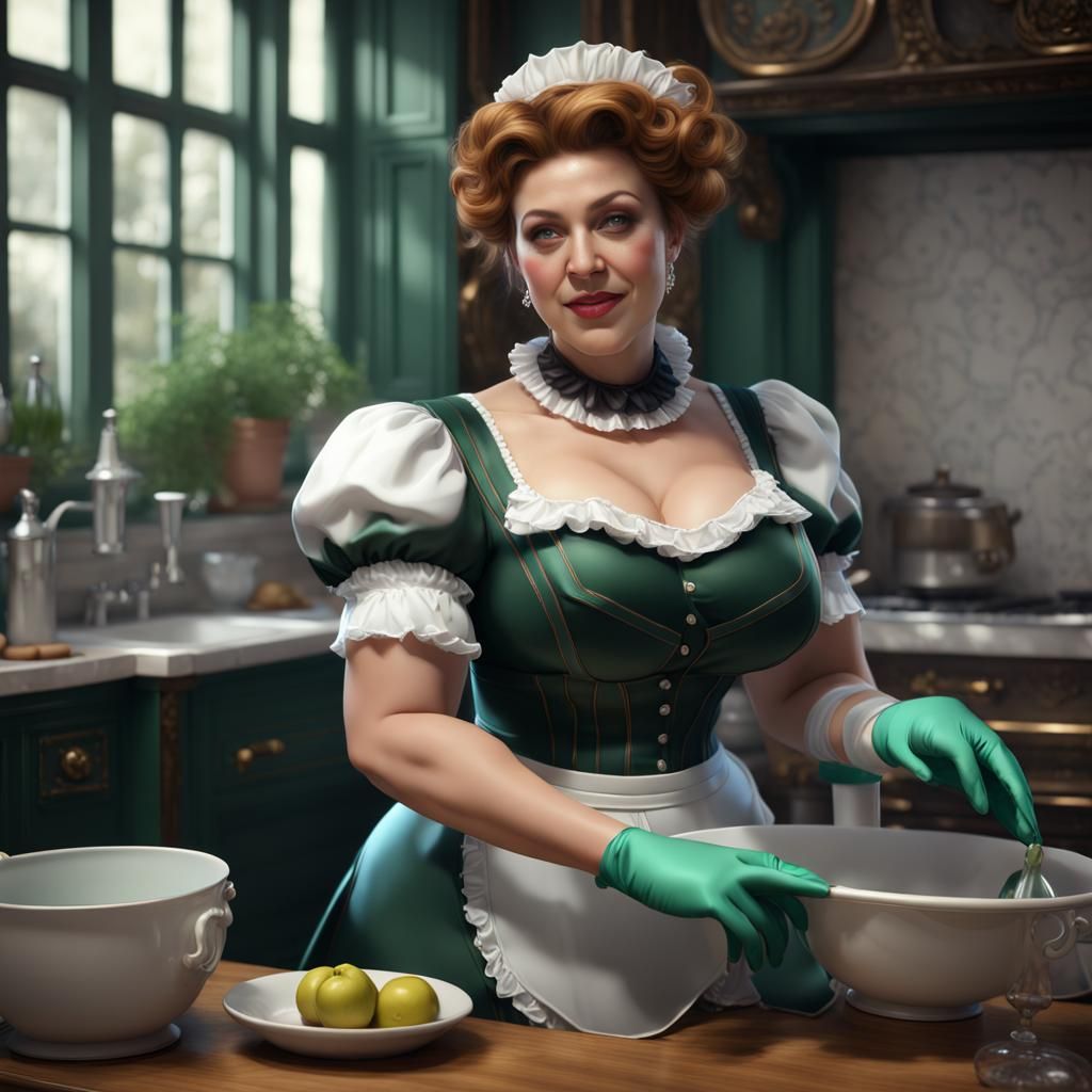 Curvy Maid in Ornate Outfit, Detailed Matte Painting