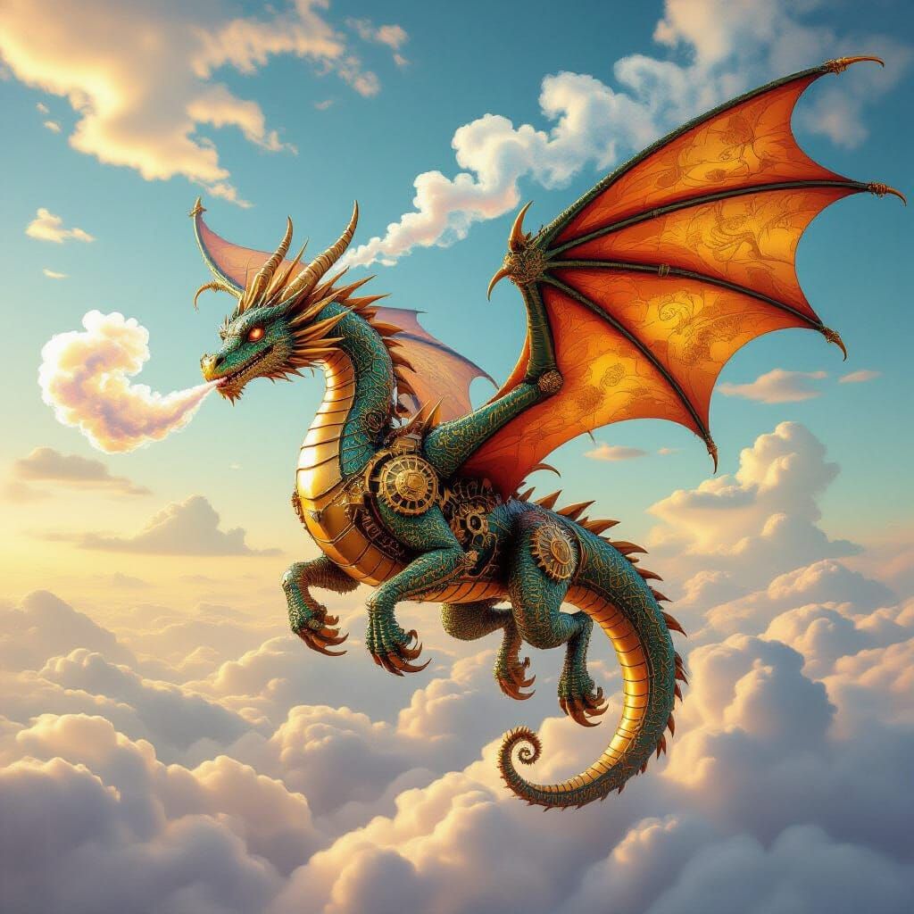 Steampunk Dragon Soaring Through Cloudscape
