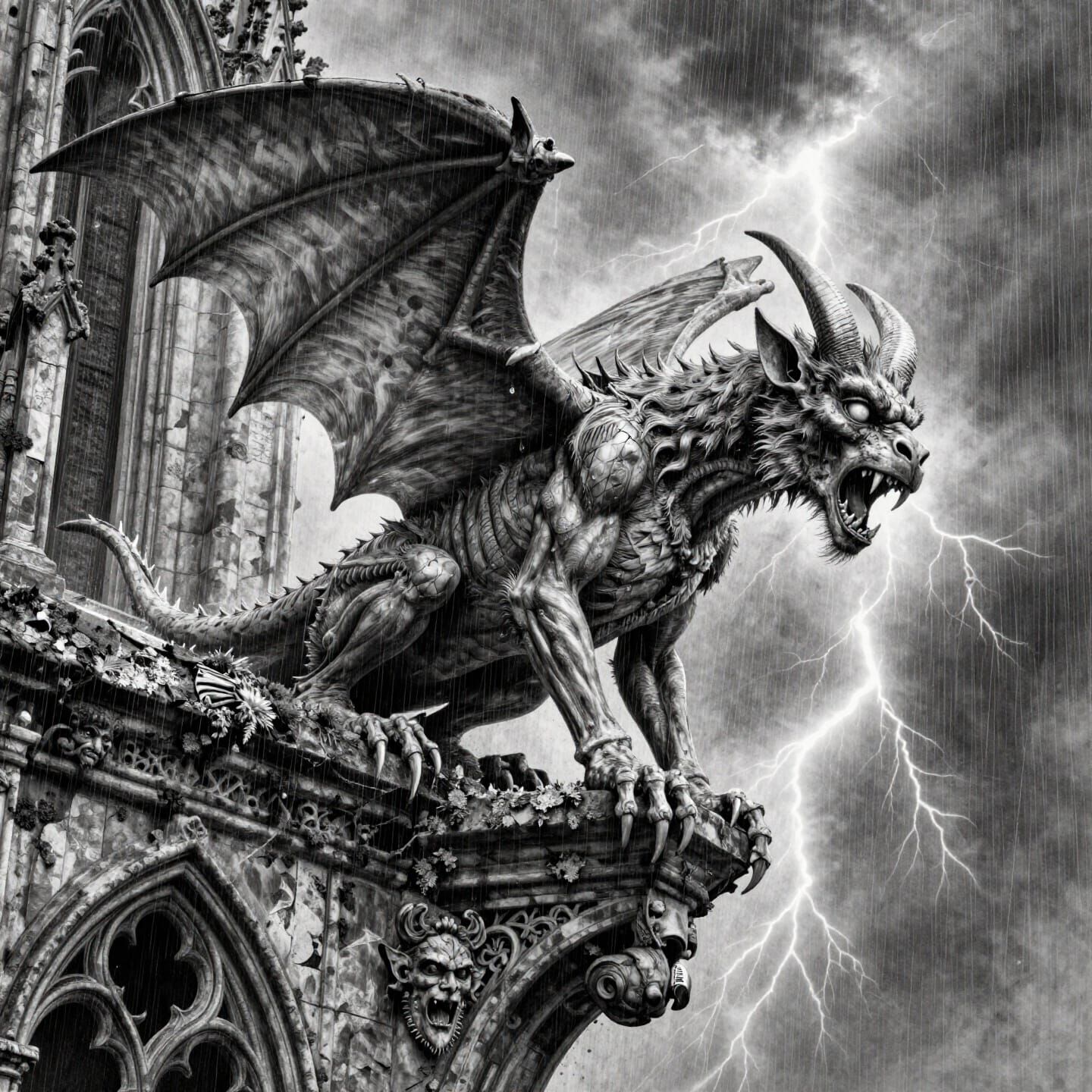 Gargoyle in Lightning Storm Graphite Drawing