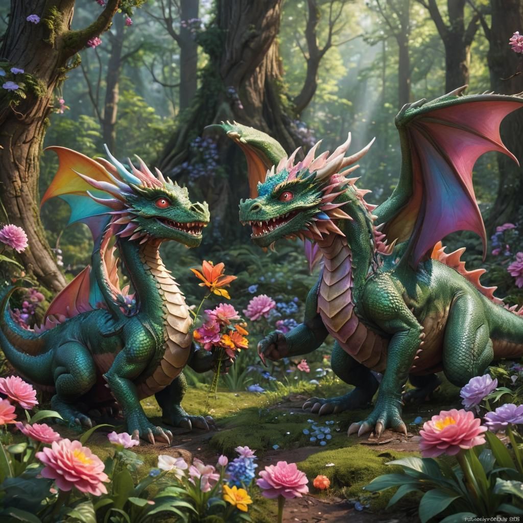 Dragons Sharing Flowers in Candy Art Style