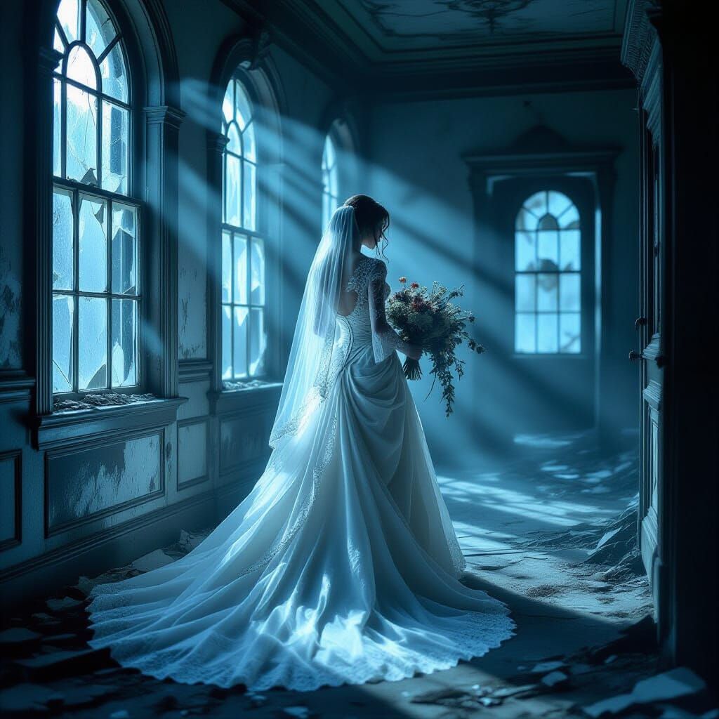 Ethereal Spectral Bride in Gothic Horror Scene