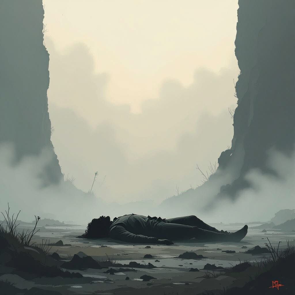 Lone Figure in Misty Landscape, Ash Thorp Style