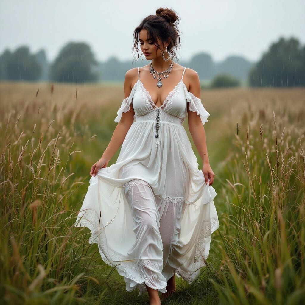 Woman in White Dress Walking in Rainy Field