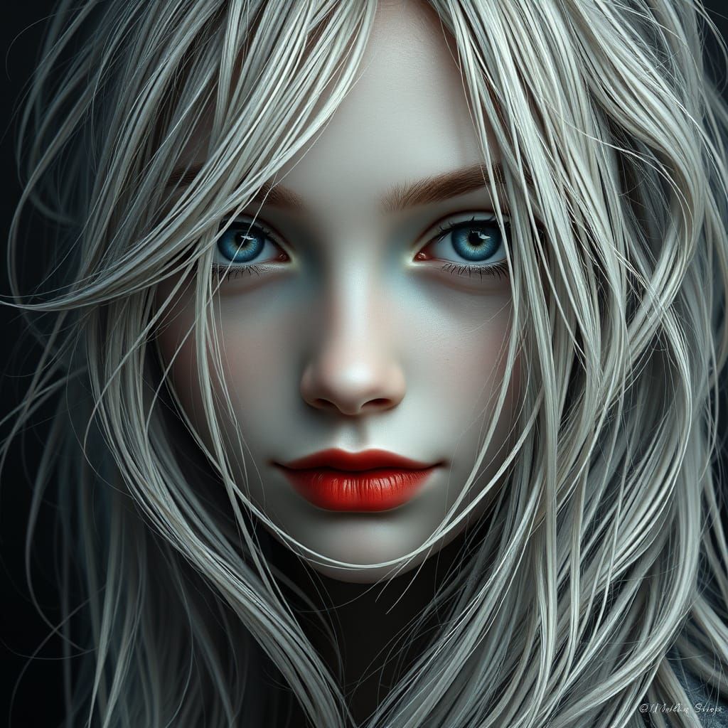 Ethereal Grey and Black Portrait of a Serene Blonde Girl