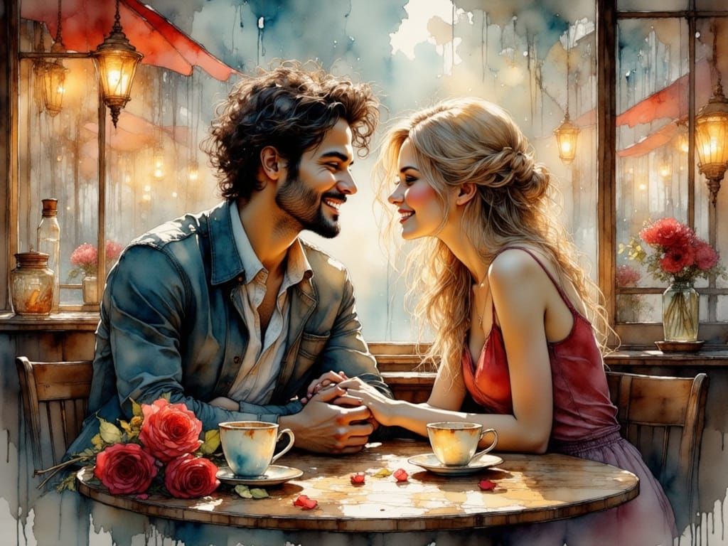Cozy Parisian Café Romance in Whimsical Watercolor