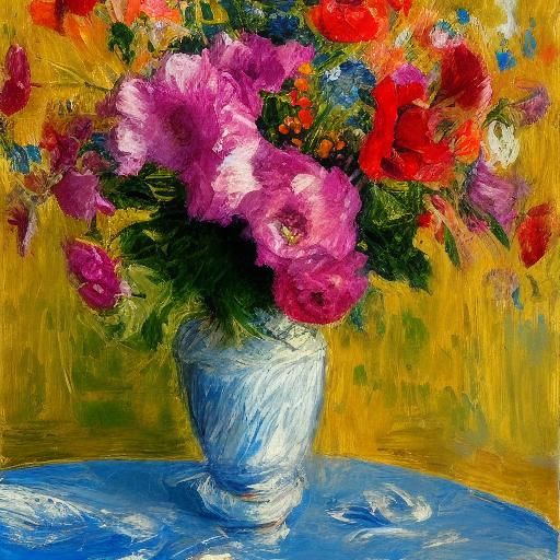 Impressionist Gouache Painting of Flowers in Vase