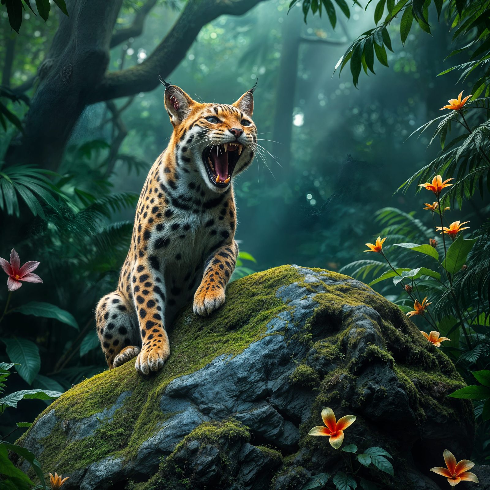Wild Spotted Cat in Rainforest HDR, Hyperrealistic, Yawning