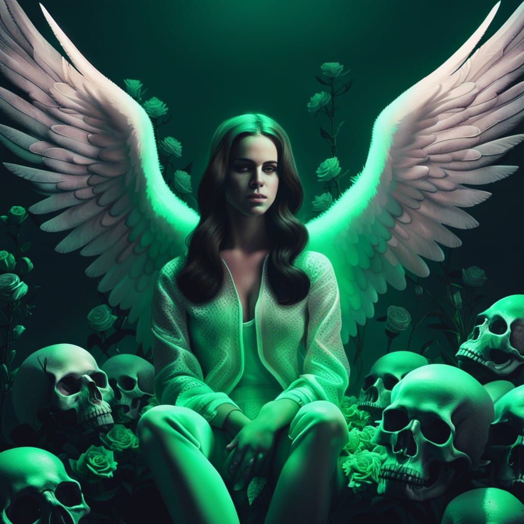 Angelic Figure in Dark, Neon-Lit Scene