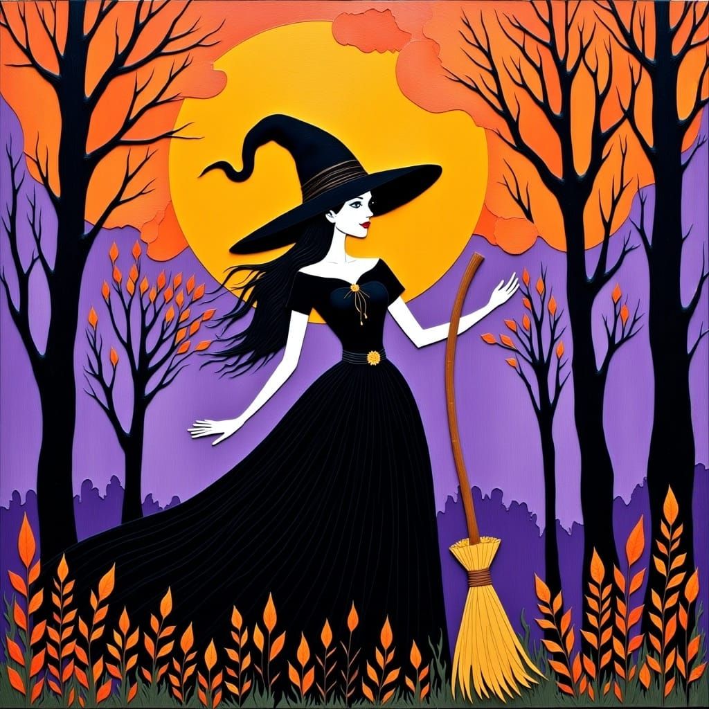 Halloween Witch in Forest, Van Gogh and Klimt Style