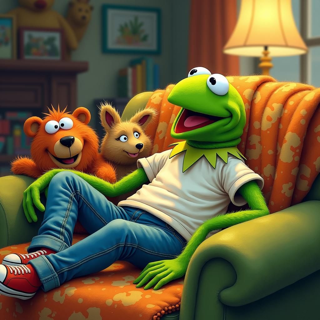 Kermit the Muppet Lounging in Whimsical Illustration Style
