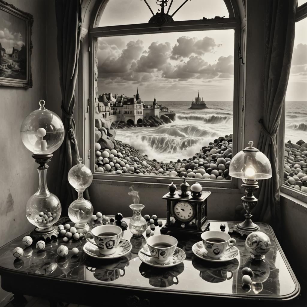 Surreal Objects in Parisian Room: Monotone Photograph