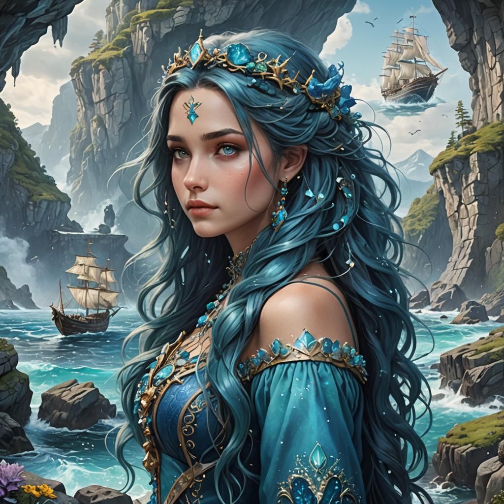 Mermaid with Blue Hair in Fantasy Ocean World