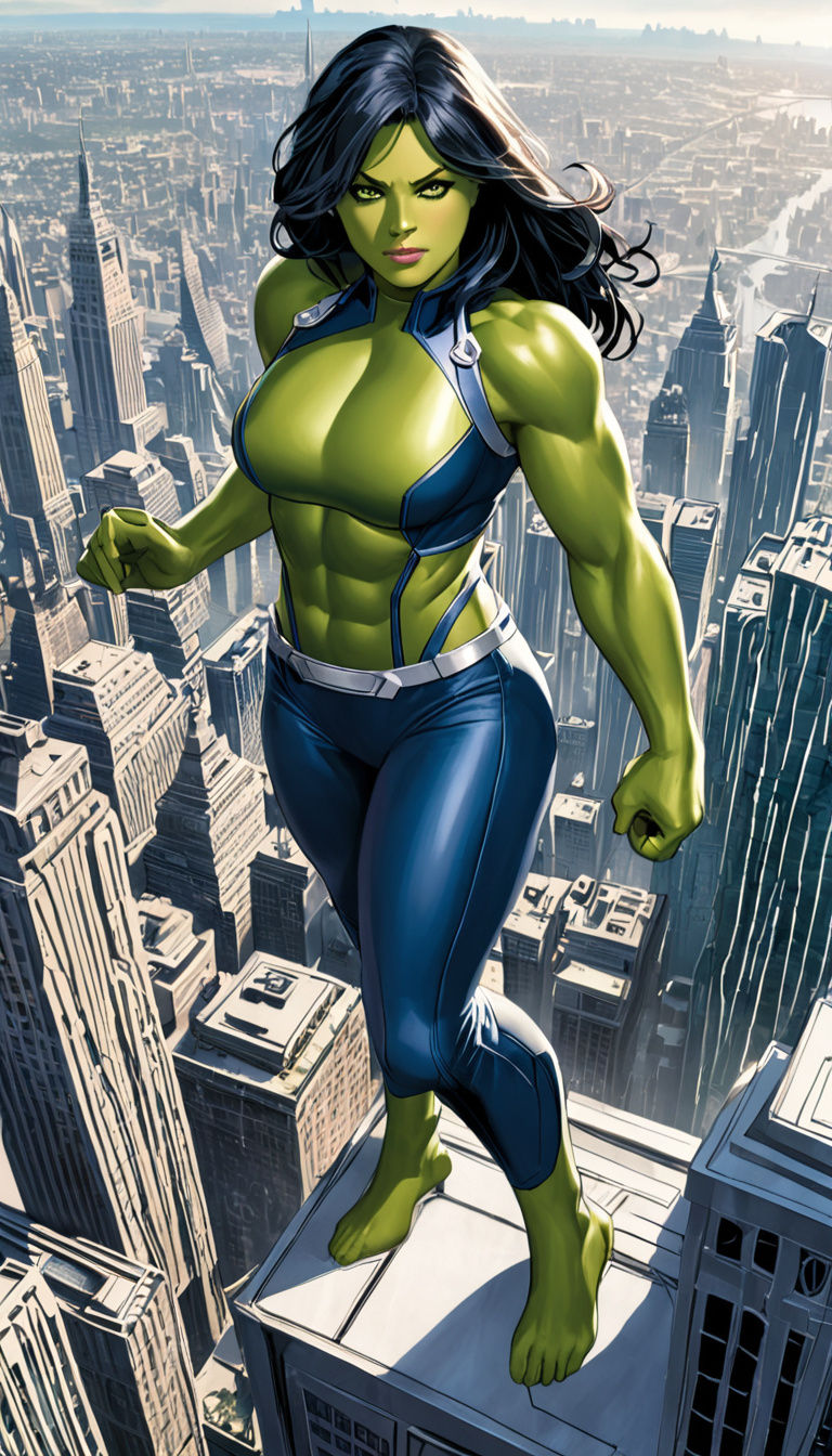 Cyberpunk She Hulk in Futuristic Metropolis