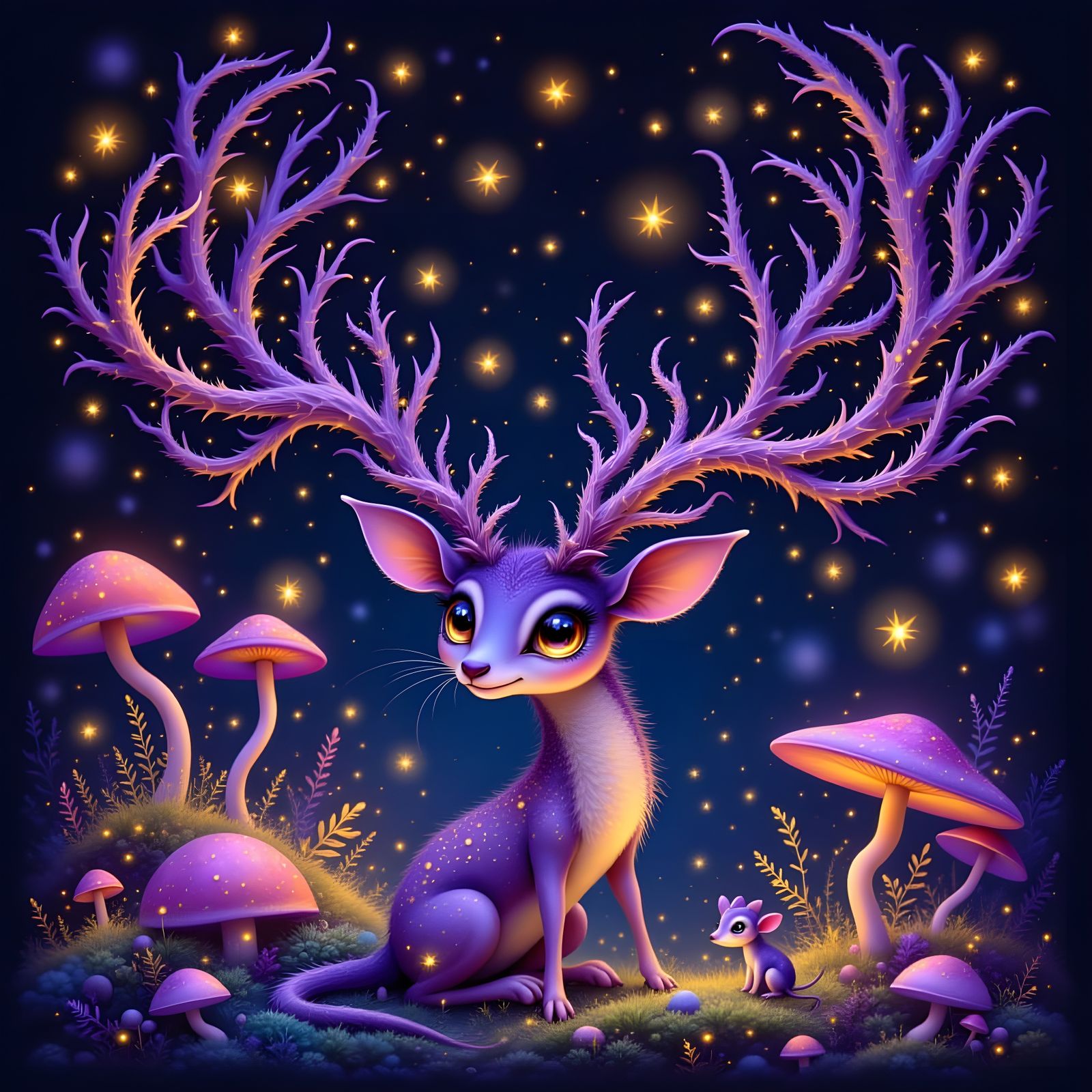 Majestic Spined Deer Guarding Mouse in Fungi Garden