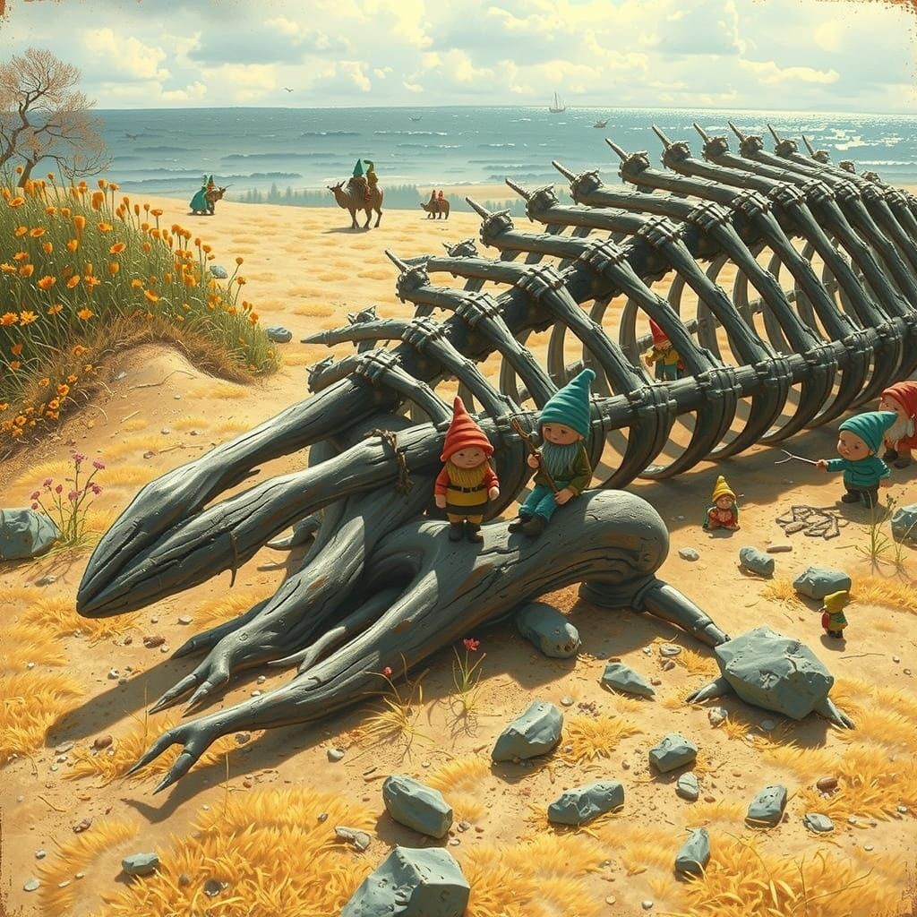 Gnomes in Sunlit Forest Clearing, Arthur Rackham Style