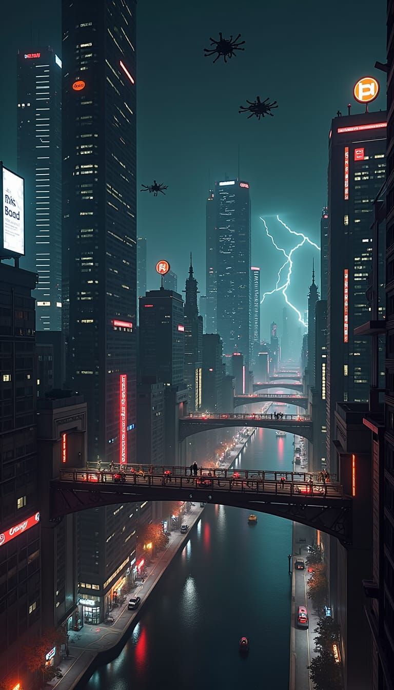 Cyberpunk Dystopian Cityscape with Flying Vehicles