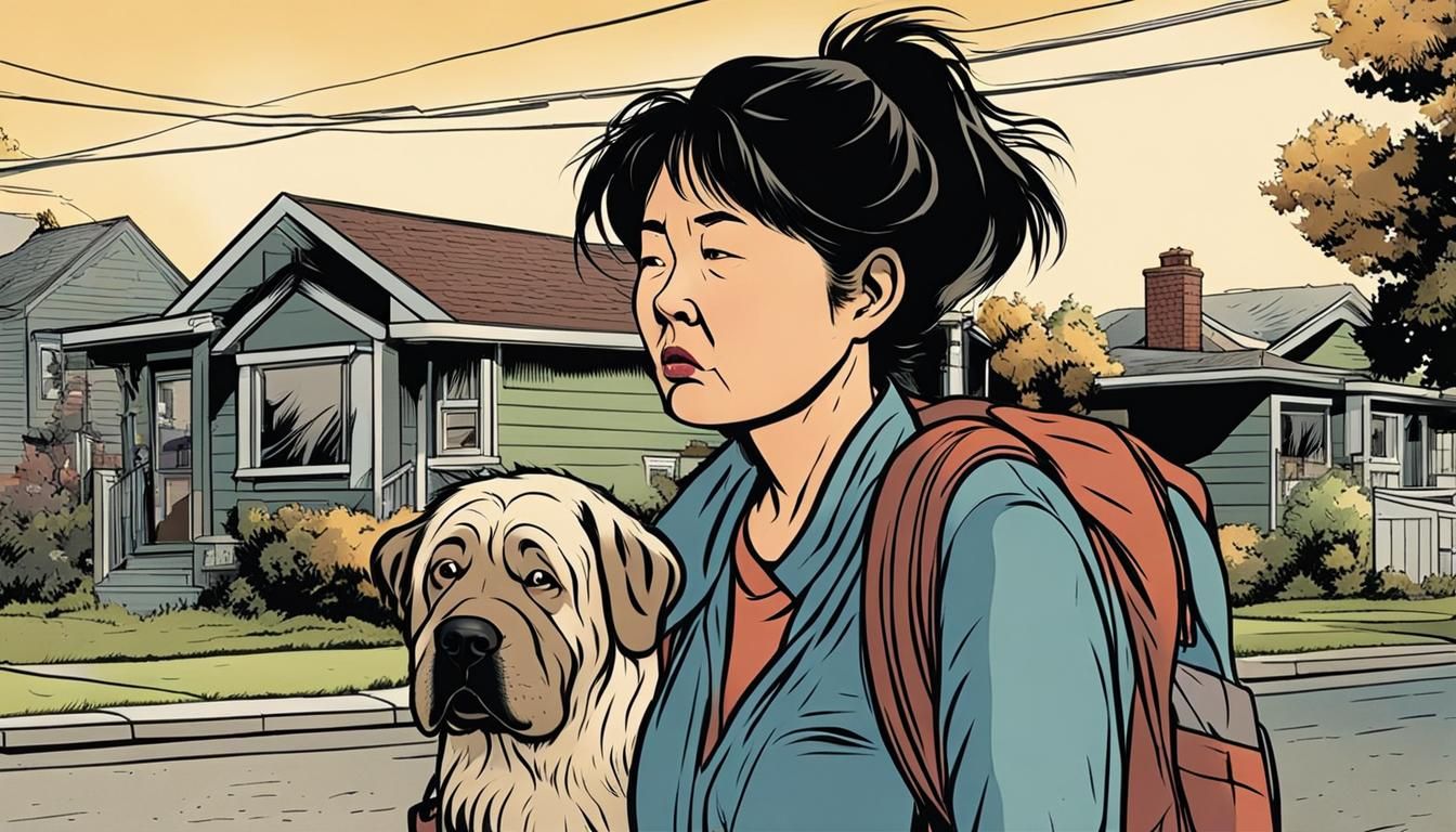 Exhausted Woman Walks Dog, Comic Strip Style
