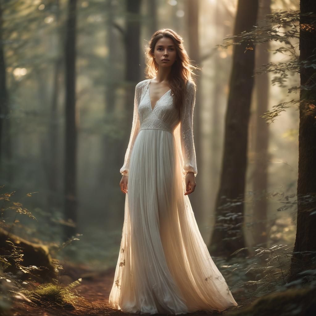 Ethereal Woman in Misty Forest: Elegant Portrait