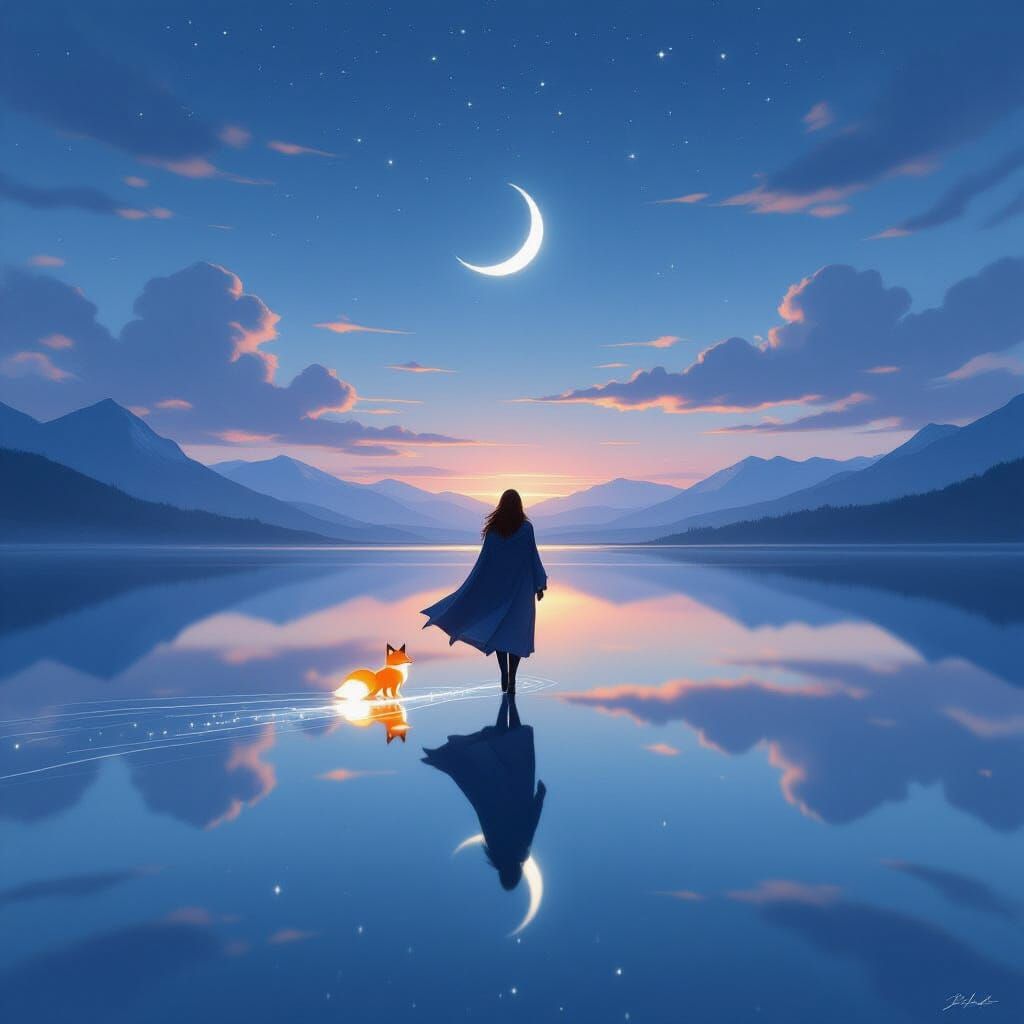 walking across a vast mirrored lake at twilight